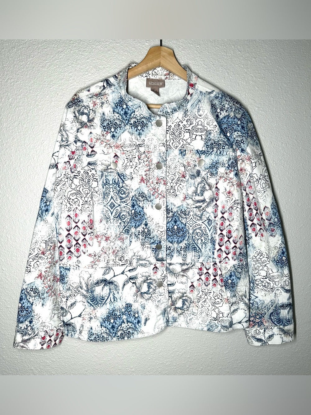 Chico’s Fun Patchwork Pattern Denim Stretch Jacket Size 3 (XL)